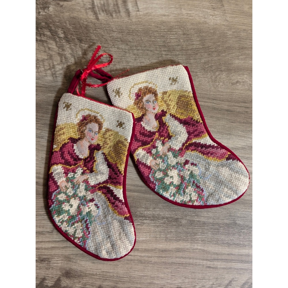 Vintage Needlepoint Angel Christmas Stockings Set of 2 Burgundy Velvet Backing